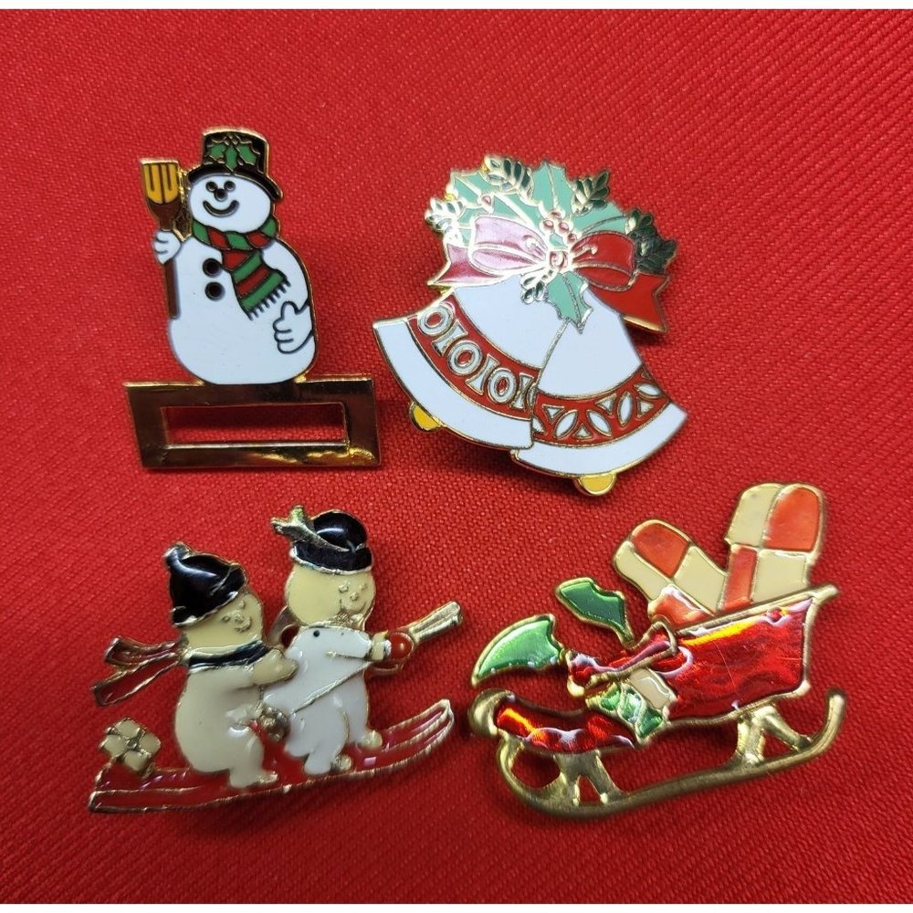 Christmas Pins Brooches Christmas Bell Snowman Sleigh Pins Set of 4